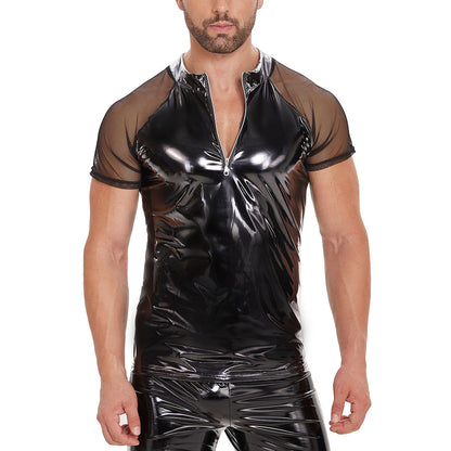 Men's Wet-look Shiny Leather T-shirt - Black - 5XL - image 2