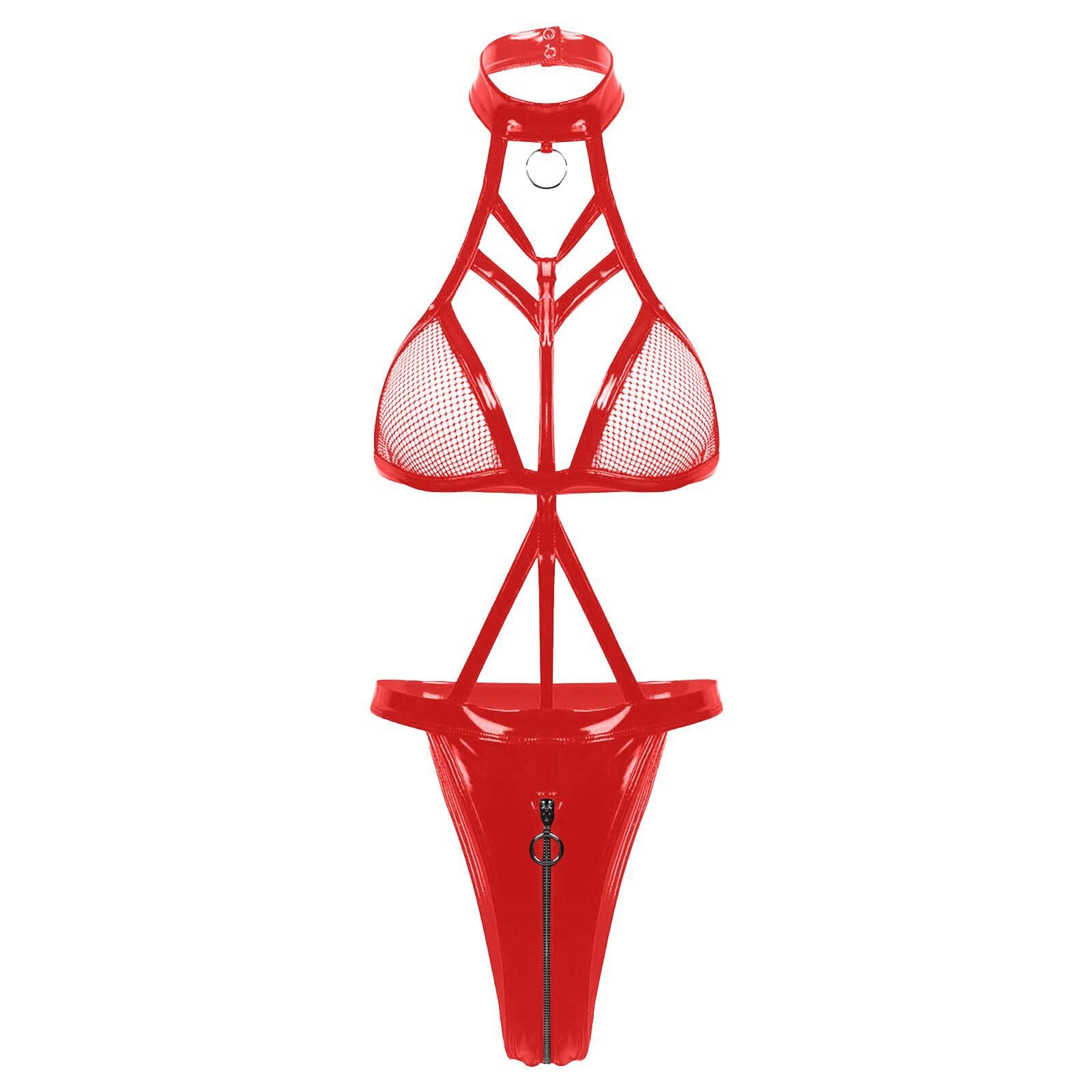 Locked & Loaded Faux Leather Babydoll – Fetish Bondage Lingerie with Harness - Red - XXL - image 6