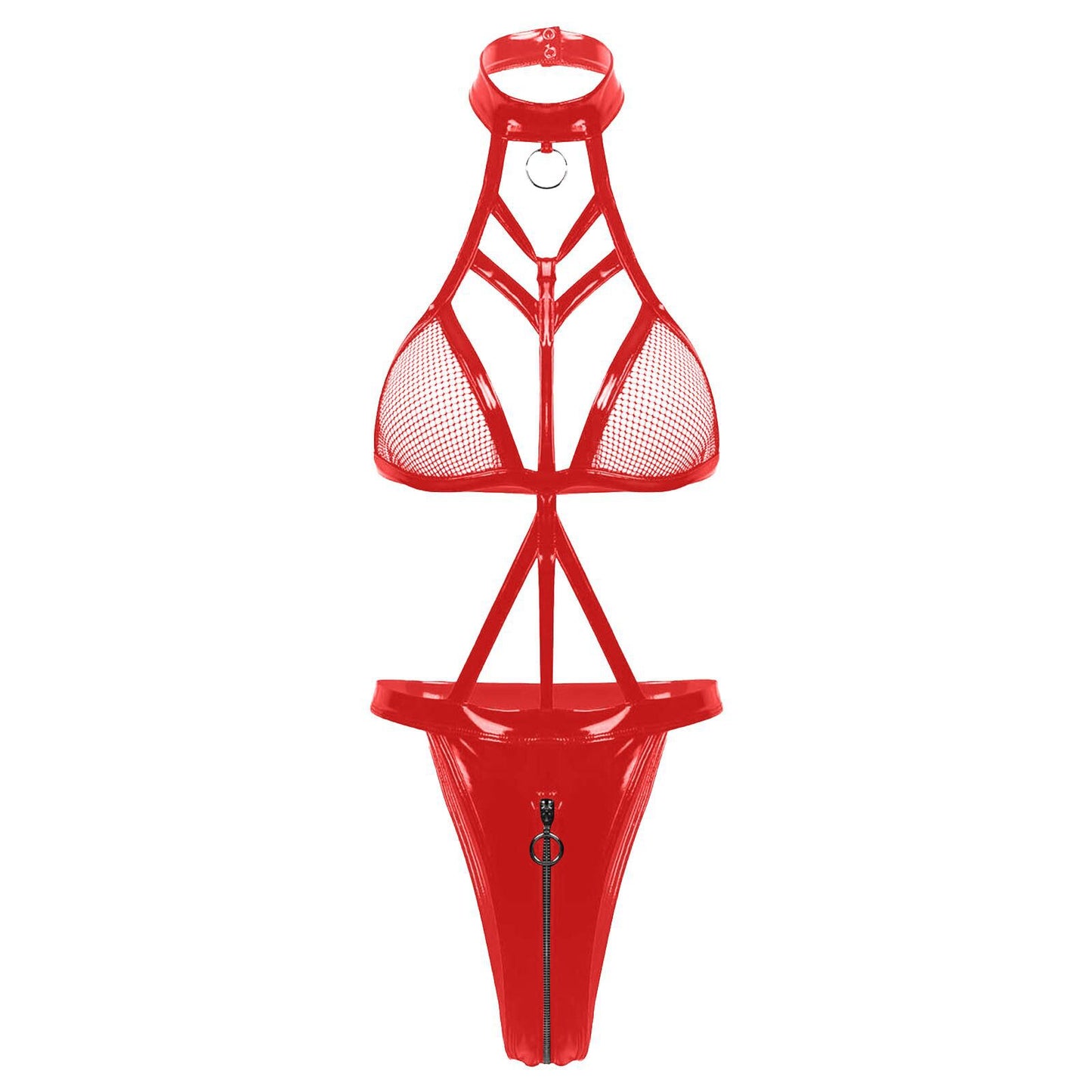 Sultry Wet-Look Patent Leather Bodysuit - Red - XXL - image 5
