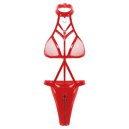 Sultry Wet-Look Patent Leather Bodysuit - Red - XXL - image 5