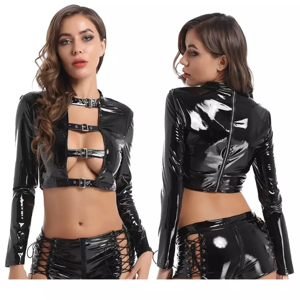 Black Long Sleeve Bodysuit Crotchless Womens Leather Lingerie Slutty Teddy - image 6