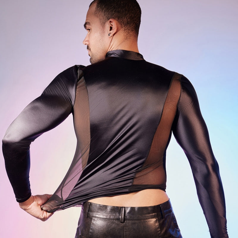 Men's Oiled Shiny High Elastic Long Sleeve Top - image 11