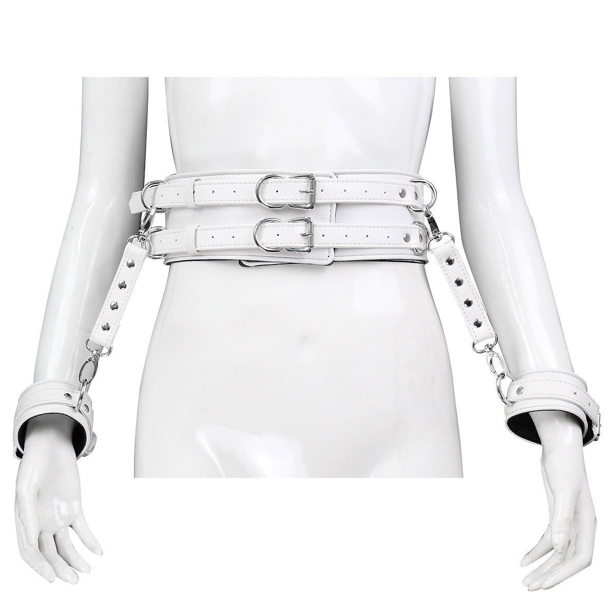BDSM Leather Handcuffs with Waist Harness for Doggy Style - White - image 4