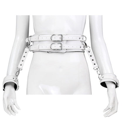 BDSM Leather Handcuffs with Waist Harness for Doggy Style - White - image 4