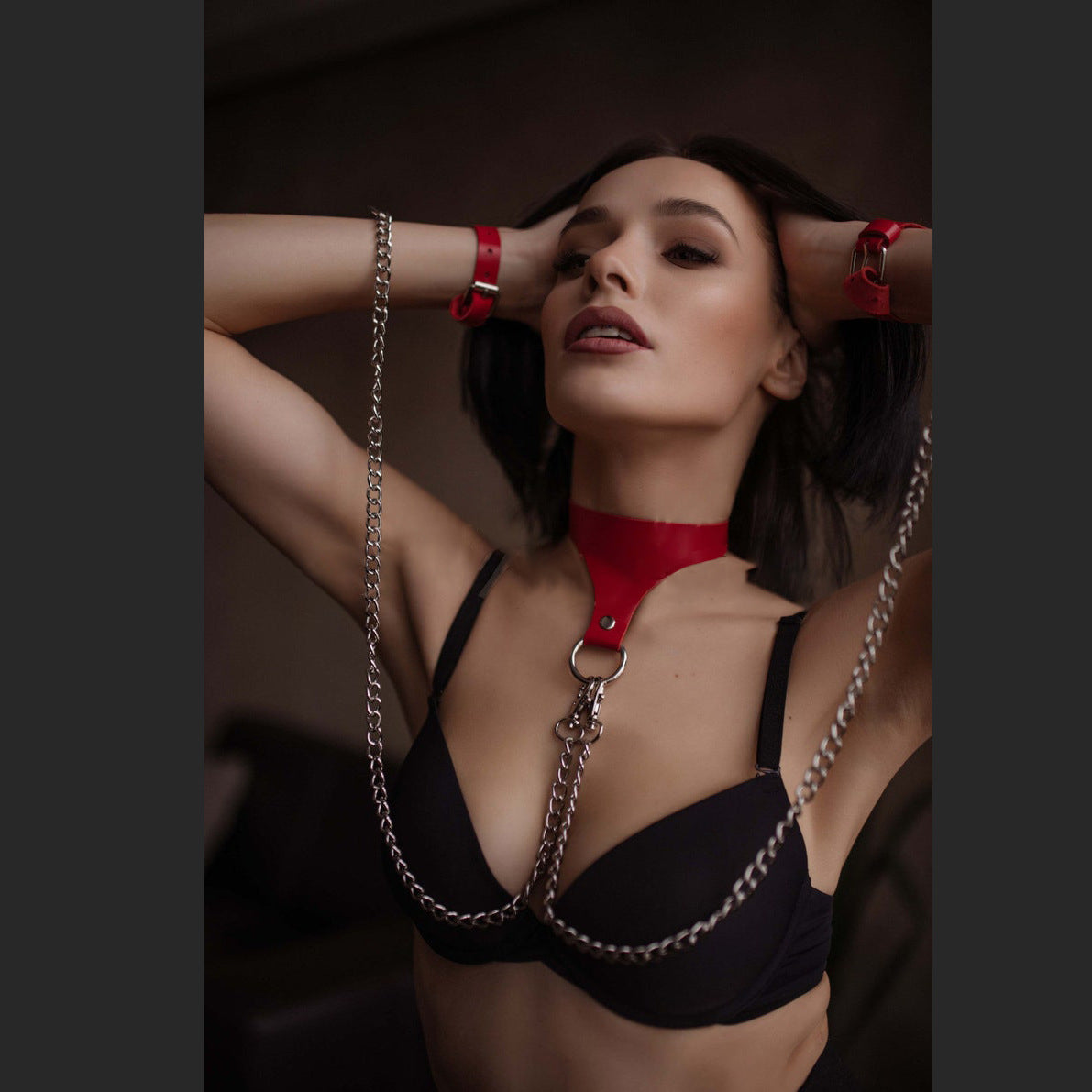 BDSM Wrist Restraint Hand Cuffs with Collar - Red Collar - image 4