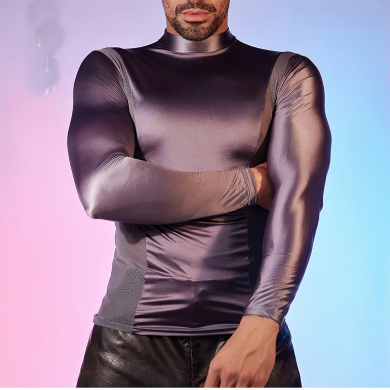 Men's Oiled Shiny High Elastic Long Sleeve Top - Dark Grey - XXXL - image 2