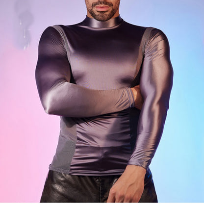 Men's Oiled Shiny High Elastic Long Sleeve Top - Dark Grey - XXXL - image 2