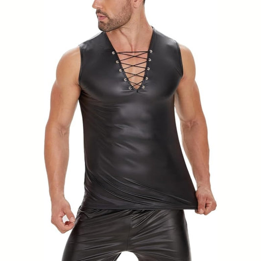 Men Sexy Leather Tank Top - Black - 7XL - image 0
