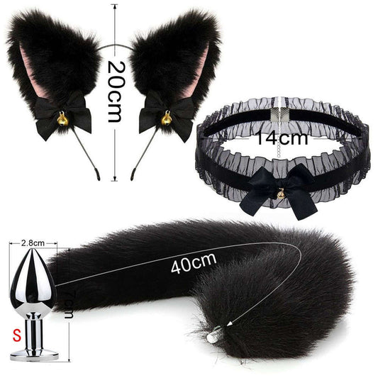 Metal Fox Tail Anal Plug Set With Lace Choker & Cat Ears - Black - image 1