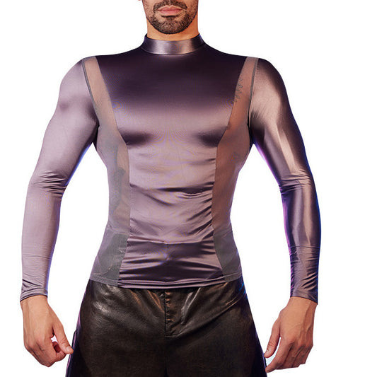 Men's Oiled Shiny High Elastic Long Sleeve Top - image 1