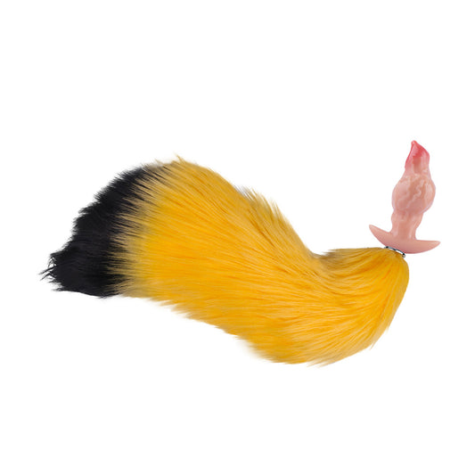 Premium Silicone Butt Plug With Fox Tail - Flesh plug with yellow tail - image 1