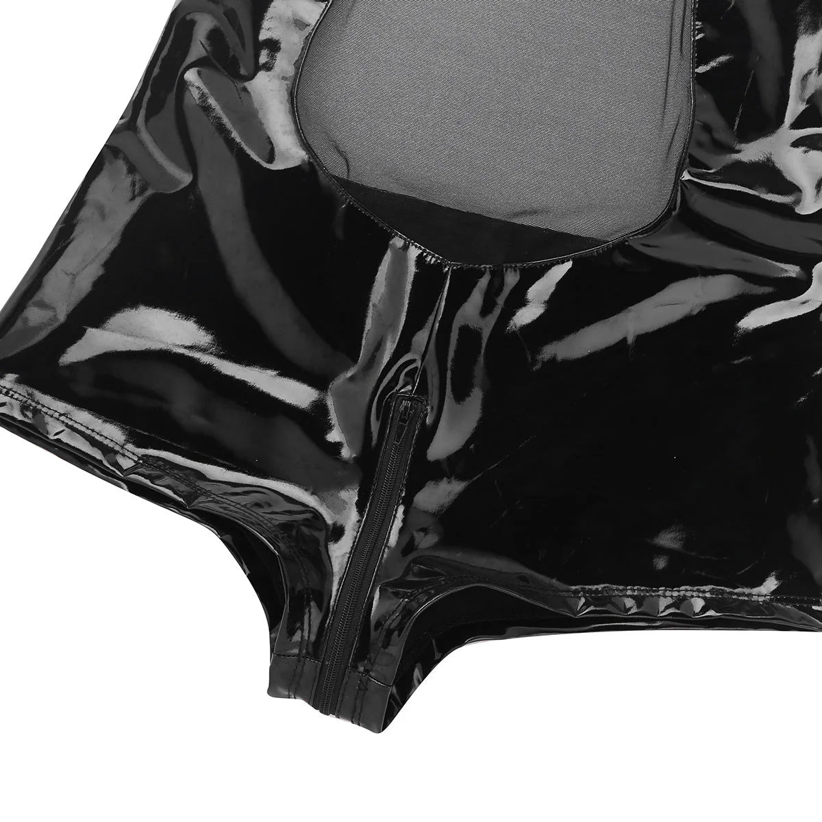 Women's One-Piece Wet Look Faux Leather Lingerie / Mesh Splice Zipper Crotch Bodysuit - image 6