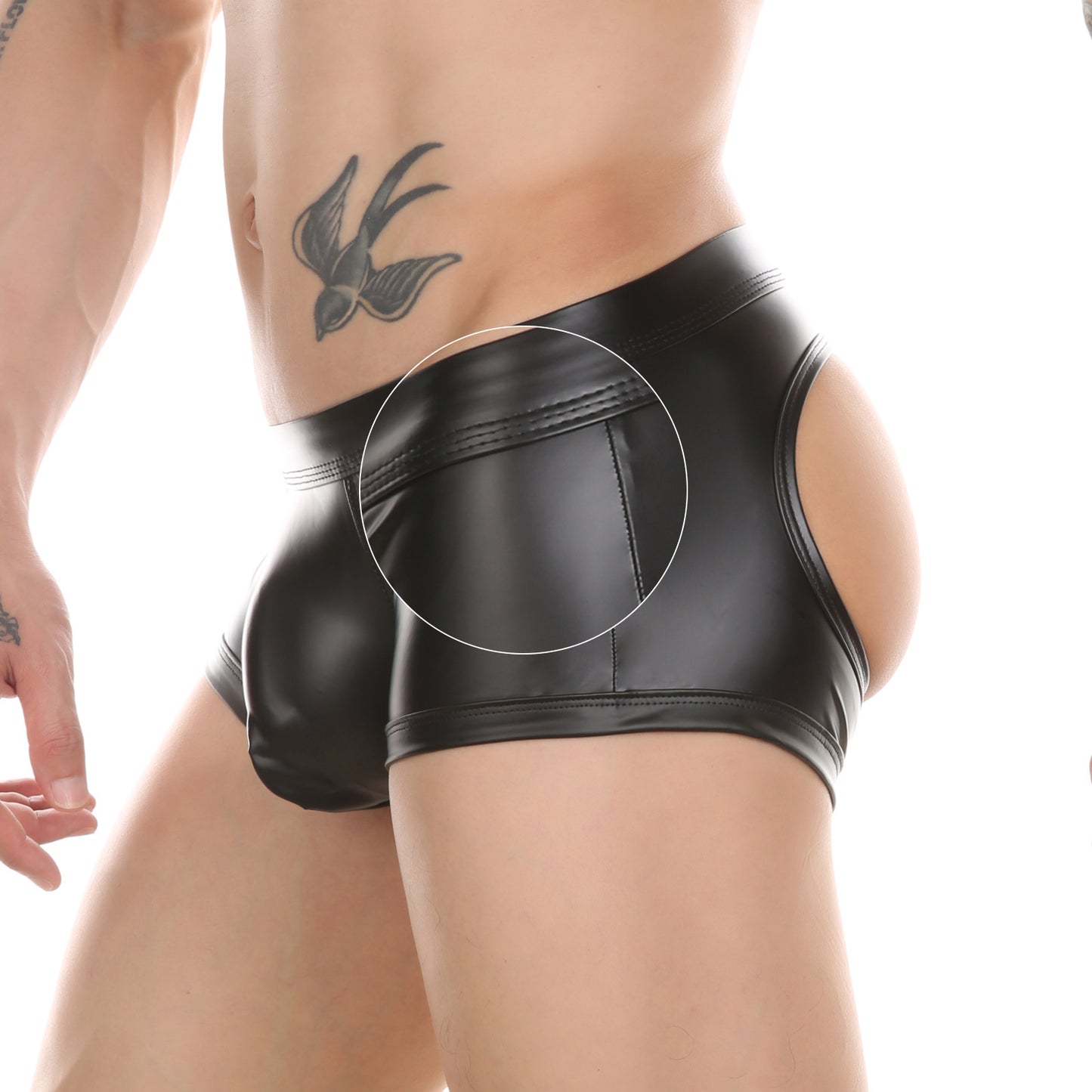 Sexy PU Leather Open Butt Thong Shorts Underwear - Black - XXL - image 0