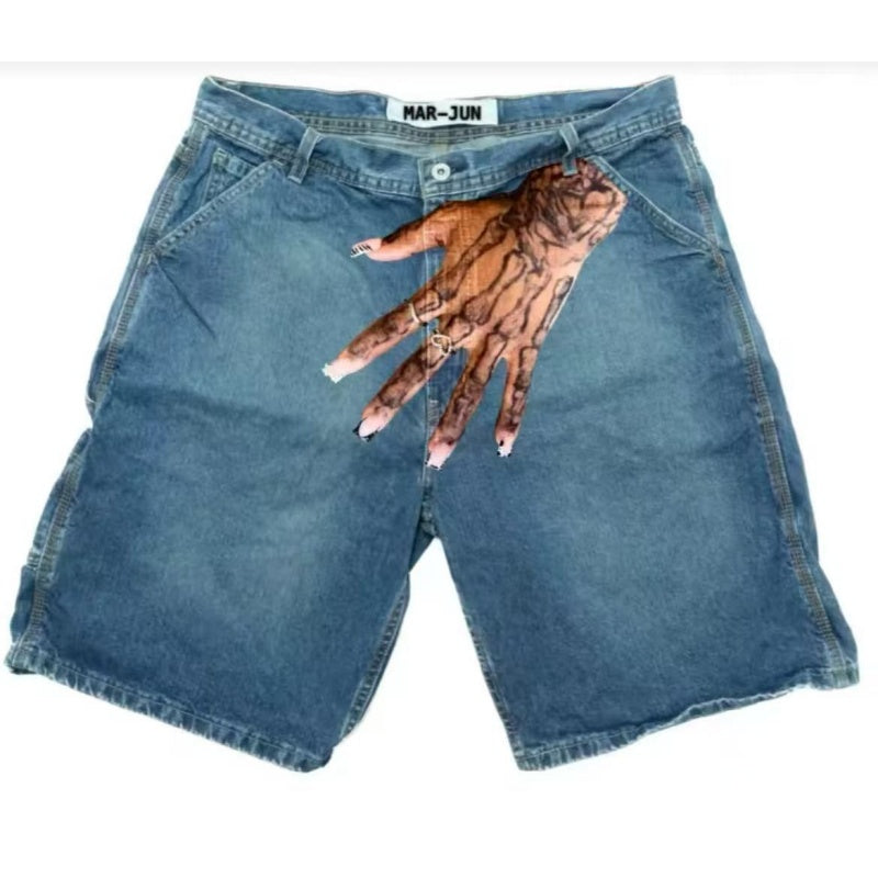 Men's Hip Hop Funny One Hand Printed Skateboarding Denim Shorts - I - XXL - image 2