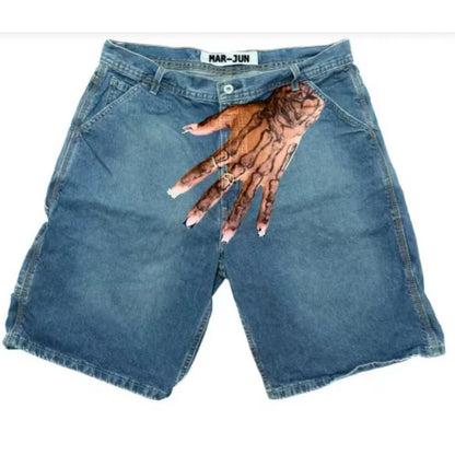 Men's Hip Hop Funny One Hand Printed Skateboarding Denim Shorts - I - XXL - image 2