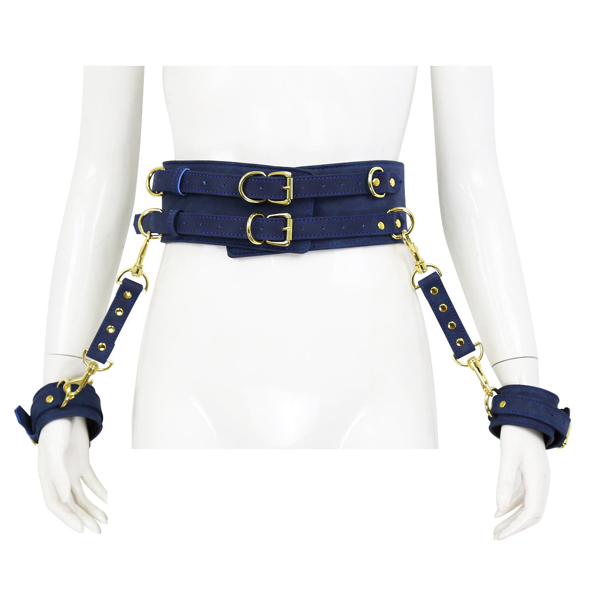 BDSM Leather Handcuffs with Waist Harness for Doggy Style - Blue - image 0