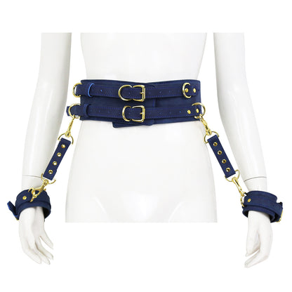BDSM Leather Handcuffs with Waist Harness for Doggy Style - Blue - image 0