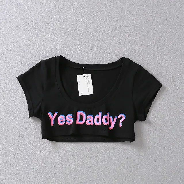 "Yes Daddy" Letter Print Fitness Crop Top - Black - One Size - image 3