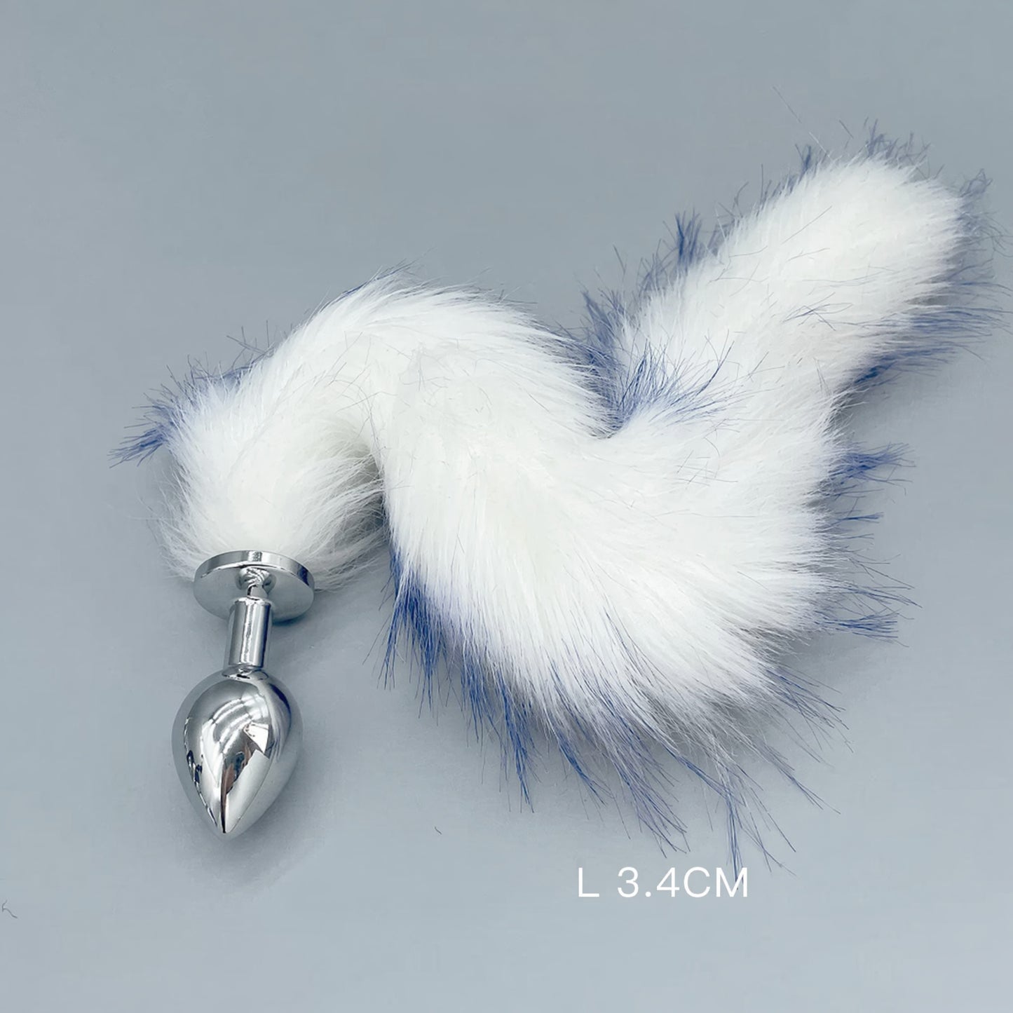 White & Blue Fox Tail Plug with Removable Metal Base - L - image 3