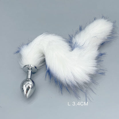 White & Blue Fox Tail Plug with Removable Metal Base - L - image 3