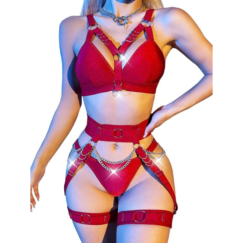 Women Sexy Locomotive Metal Chain Underwear Set - Wine - XXL - image 3