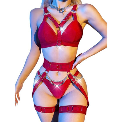 Women Sexy Locomotive Metal Chain Underwear Set - Wine - XXL - image 3
