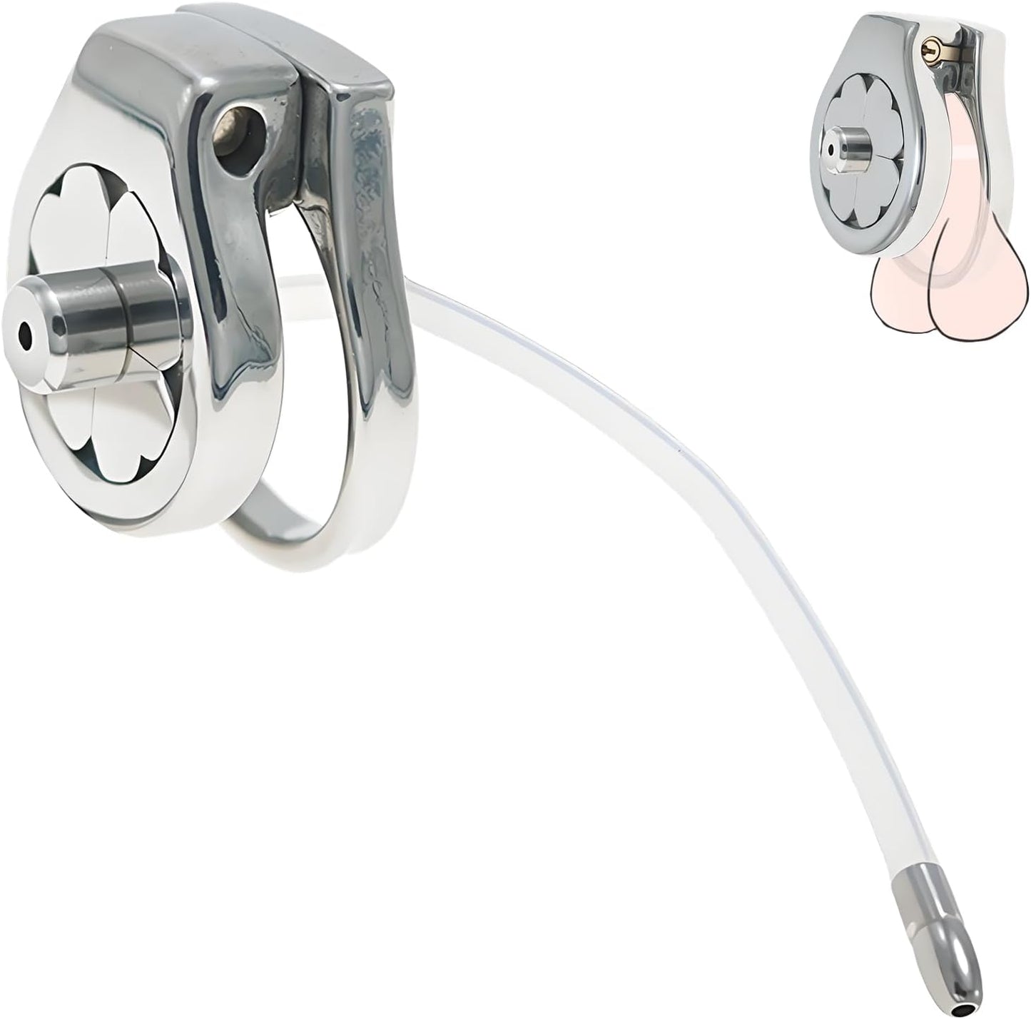 Flat Stainless Steel Chastity Cage with Long Hollow Urethral Tube - image 0