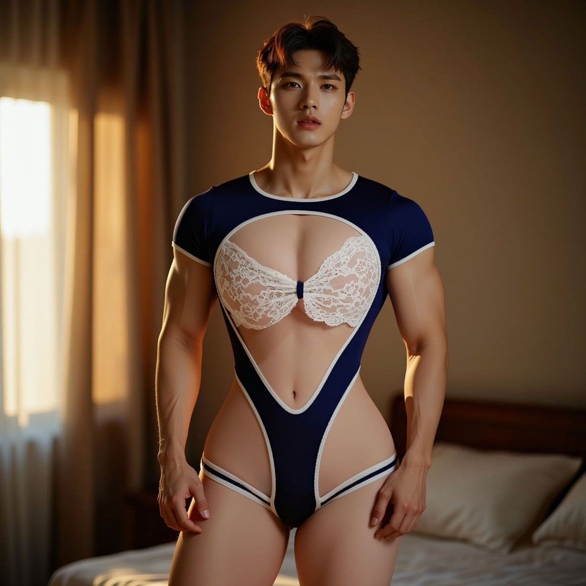 Midnight Tease Lace-Trimmed Men's Bodysuit - Dark Blue - One Size - image 1