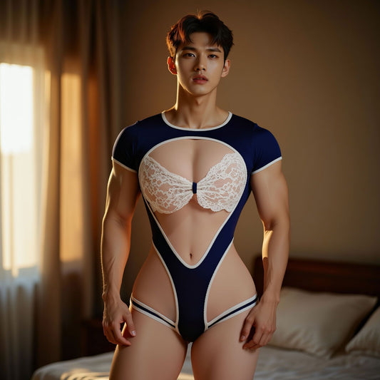 Midnight Tease Lace-Trimmed Men's Bodysuit - Dark Blue - One Size - image 1