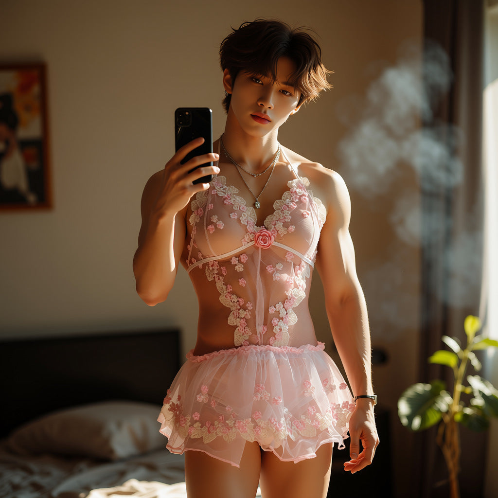 Blossom Seduction Floral Lace Men's Skirted Bodysuit - Pink - One Size - image 3