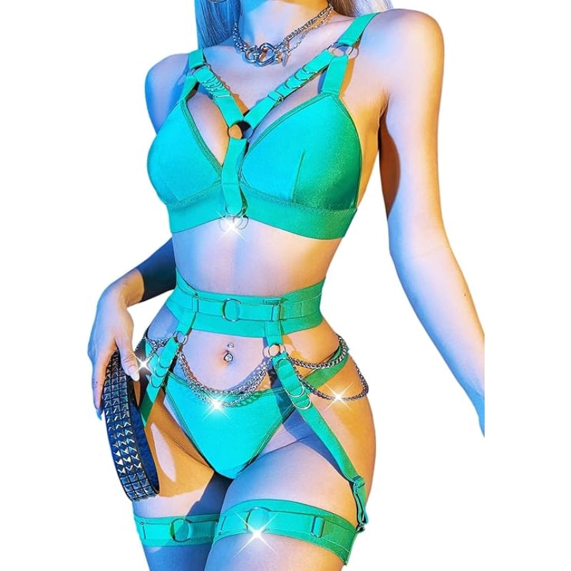 Women Sexy Locomotive Metal Chain Underwear Set - Army Green - XXL - image 4