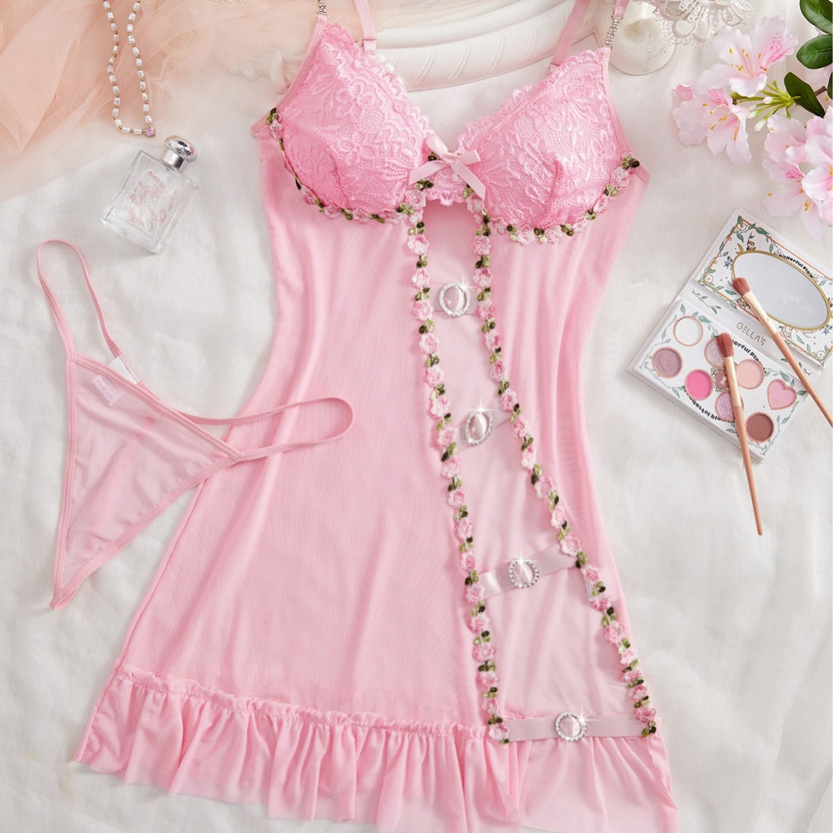 Lace Hollow-Out See-through Lingerie Dress - Pink - XL - image 7