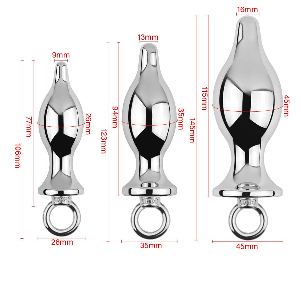 Metal Anal Plug with Pull Ring - 3-Piece Set - image 1