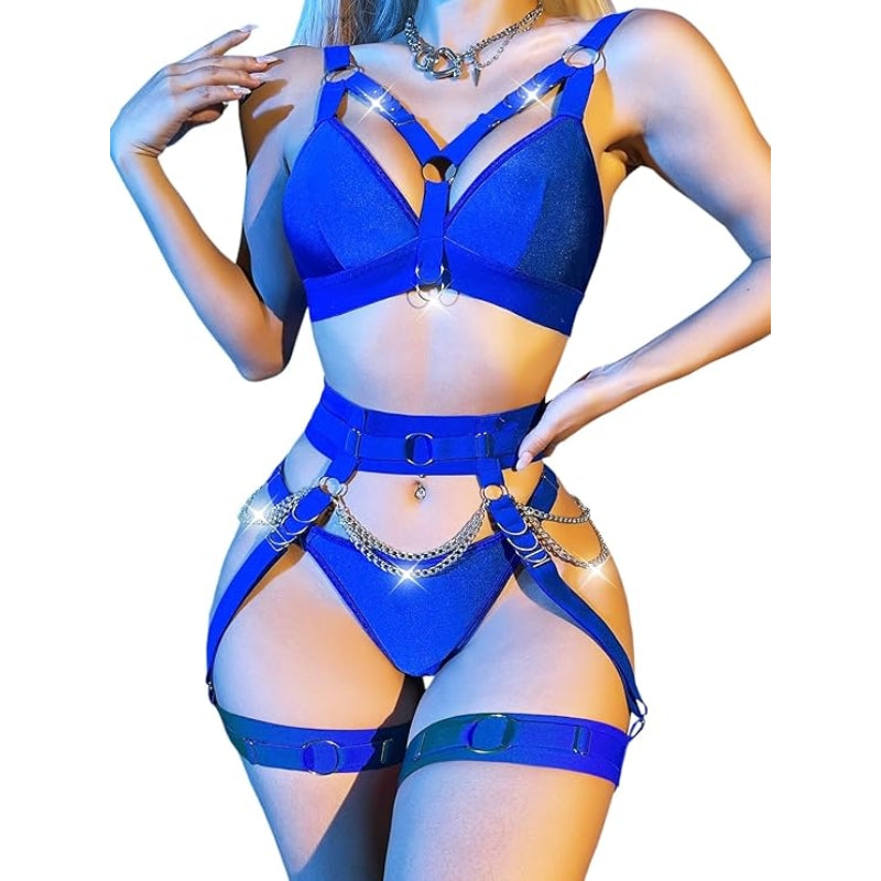 Women Sexy Locomotive Metal Chain Underwear Set - Royal Blue - XXL - image 24
