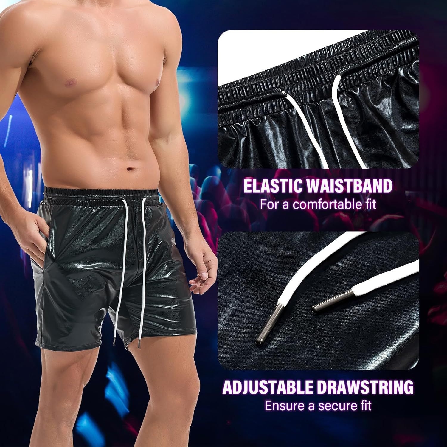 Men's Metallic 5" Holographic Rave Shorts with Drawstring - image 7