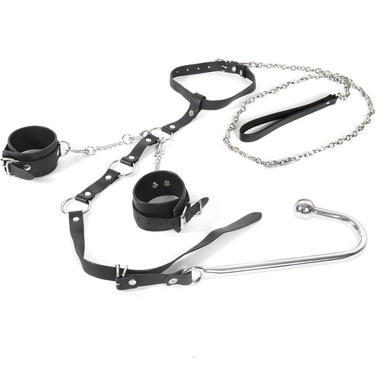 Leather Bondage Set With Anal Hook - Black - image 3