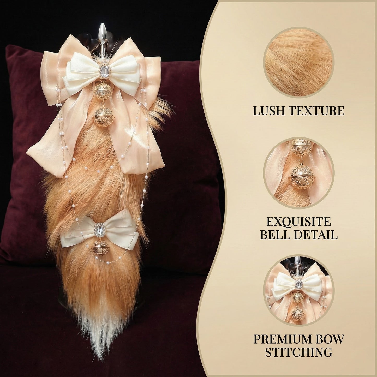 Luxury Fox Tail Plug Set – 15.7" Soft Gold Tail with Detachable Bow Details - image 11