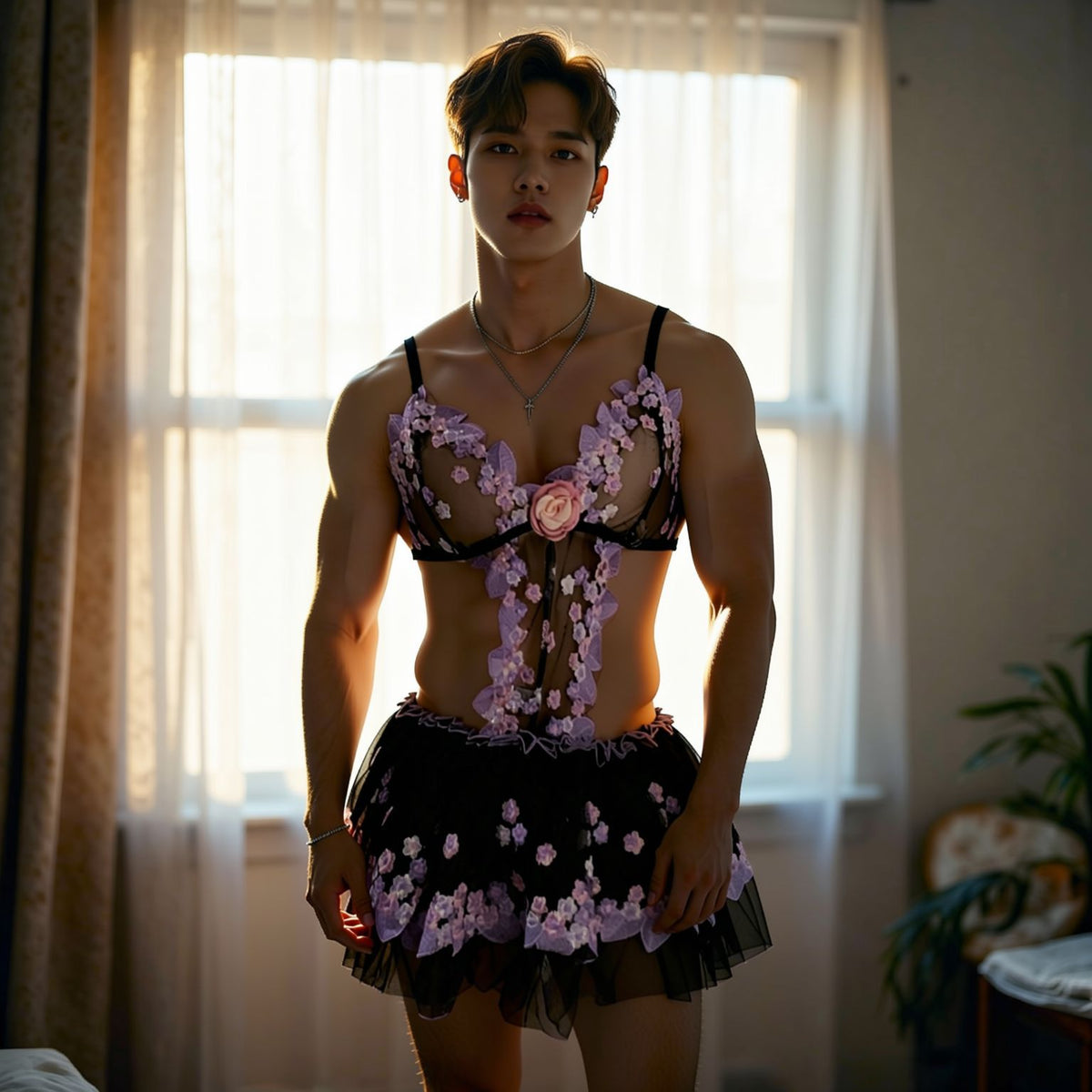 Blossom Seduction Floral Lace Men's Skirted Bodysuit - Purple - One Size - image 2