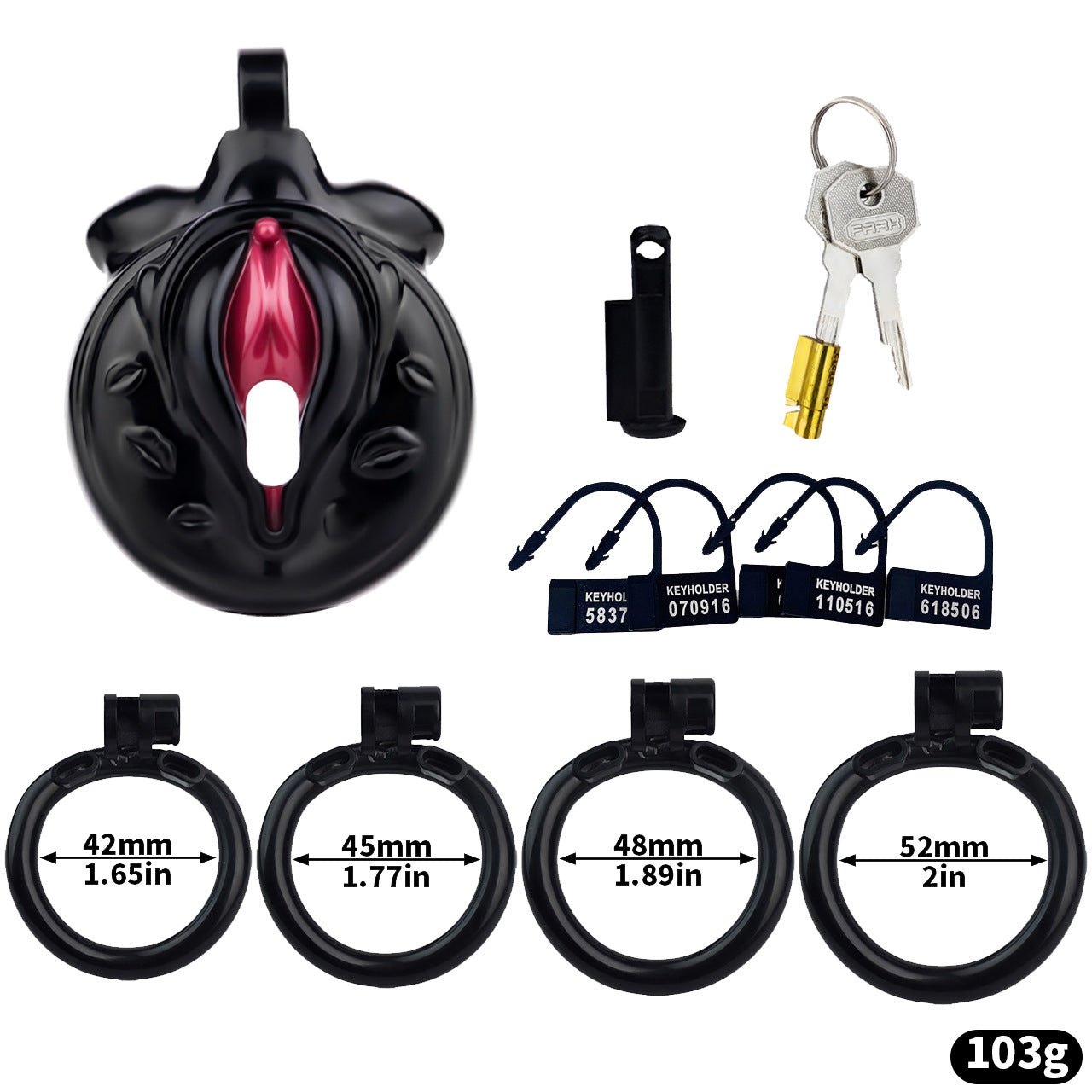 Mini Vagina-Shaped Male Chastity Cage – Humiliating Lock with 4 Rings & Padlock - Black & Red - image 3