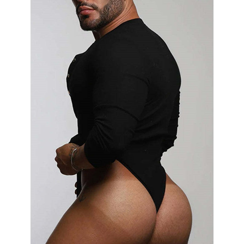 Deep V-Neck Long Sleeved Bodysuit Men Clubwear - image 1
