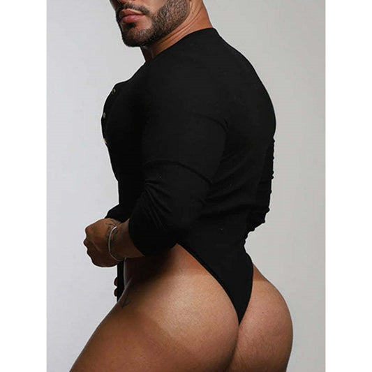 Deep V-Neck Long Sleeved Bodysuit Men Clubwear - image 1