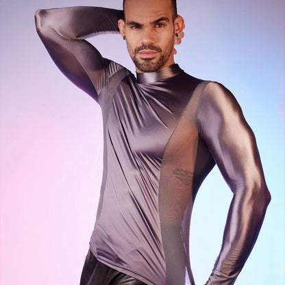 Men's Oiled Shiny High Elastic Long Sleeve Top - image 4