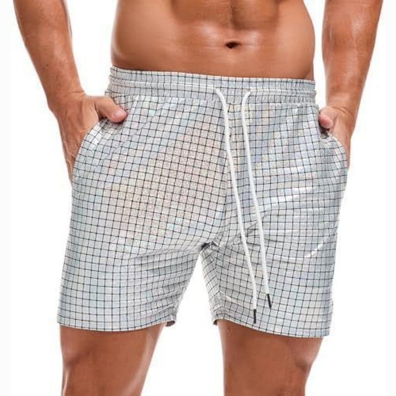 Men's Metallic 5" Holographic Rave Shorts with Drawstring - Light Silver Plaid - 2XL - image 12