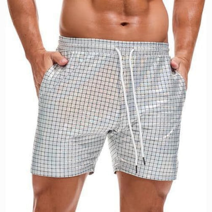 Men's Metallic 5" Holographic Rave Shorts with Drawstring - Light Silver Plaid - 2XL - image 12