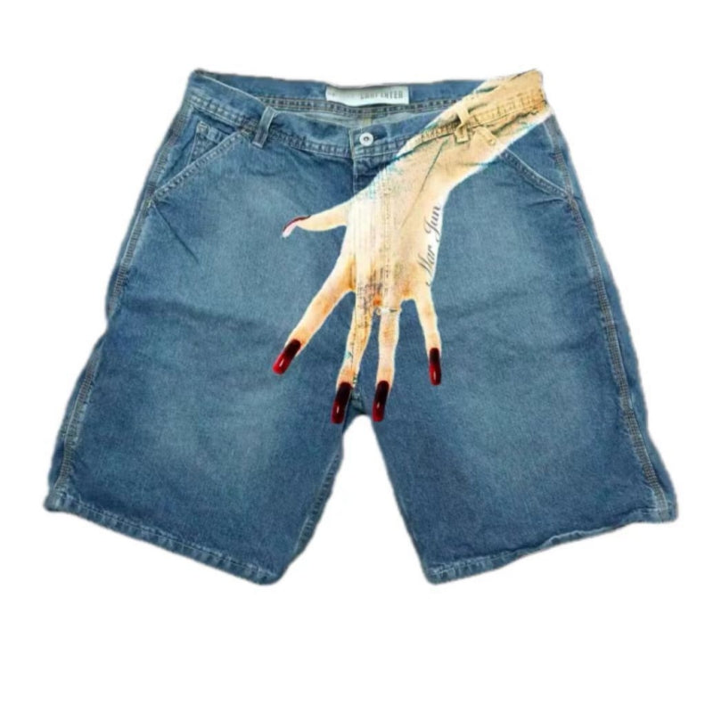 Men's Hip Hop Funny One Hand Printed Skateboarding Denim Shorts - D - XXL - image 9