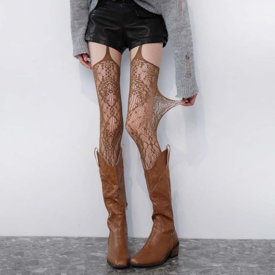 Bold & Beautiful – Suspender Fishnet Tights with Attitude - Coffee - One Size - image 1