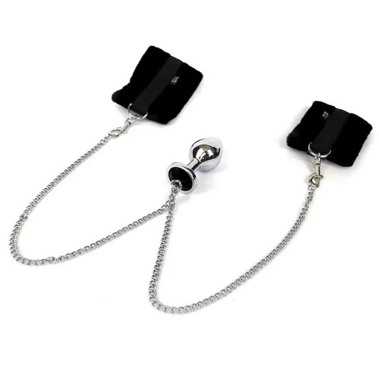 Art Of Sex Handcuffs With Metal Anal Plug - Black - image 0