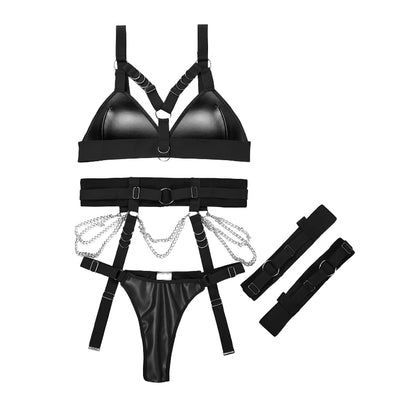 Women Sexy Locomotive Metal Chain Underwear Set - Black -  Leather - XXL - image 26