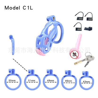 Cobra Resin Chastity Cage with 4 Rings & Catheter Tube - Blue - Small - with urethral plug - image 16