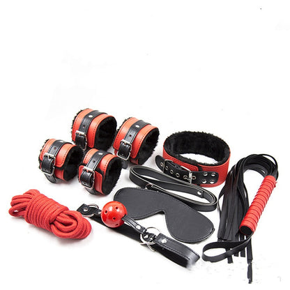Bdsm Leather Plush Bondage Kit With Flogger Blindfold Wrist Ankle Restraints - Red 7 pcs Set - image 2